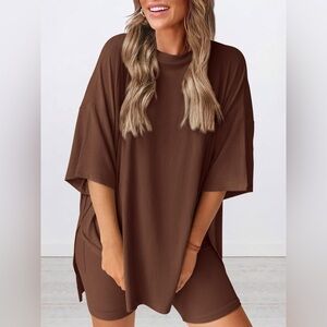 Full Size Oversized Round Neck Top and Shorts Set Plus Size